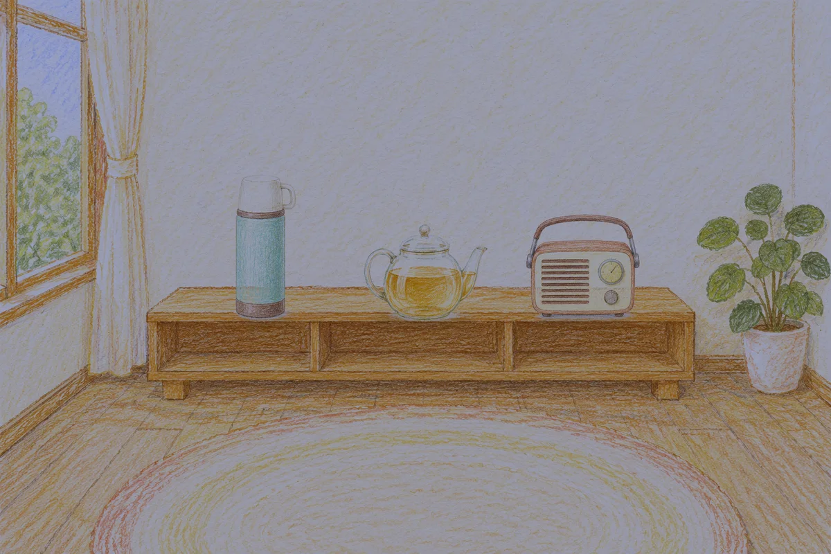 양주 여성전용 림프 페이셜 안내 그림, 밤의 창가 낮은 선반 위에 놓인 보온병, 유리 티포트, 작은 라디오