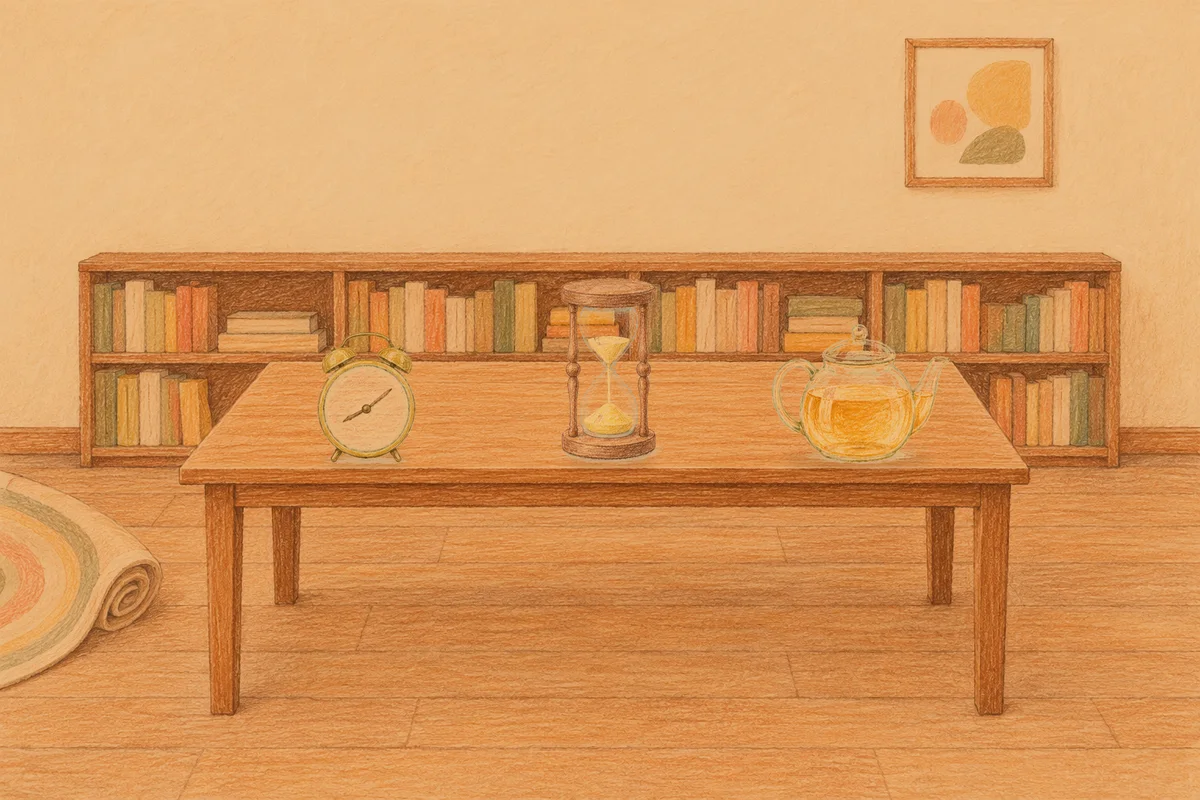 양주 여성전용 안티에이징 케어 안내 그림, 저녁의 서재 긴 책상 위에 놓인 둥근 알람시계, 모래시계, 유리 티포트