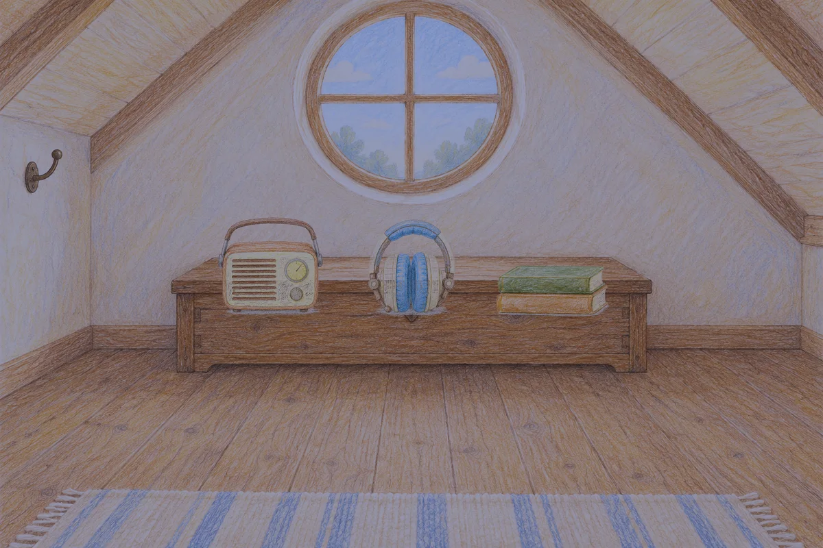 양주 여성전용 브라이덜 케어 안내 그림, 밤의 다락방 나무 궤짝 위에 놓인 작은 라디오, 헤드폰, 책 두 권