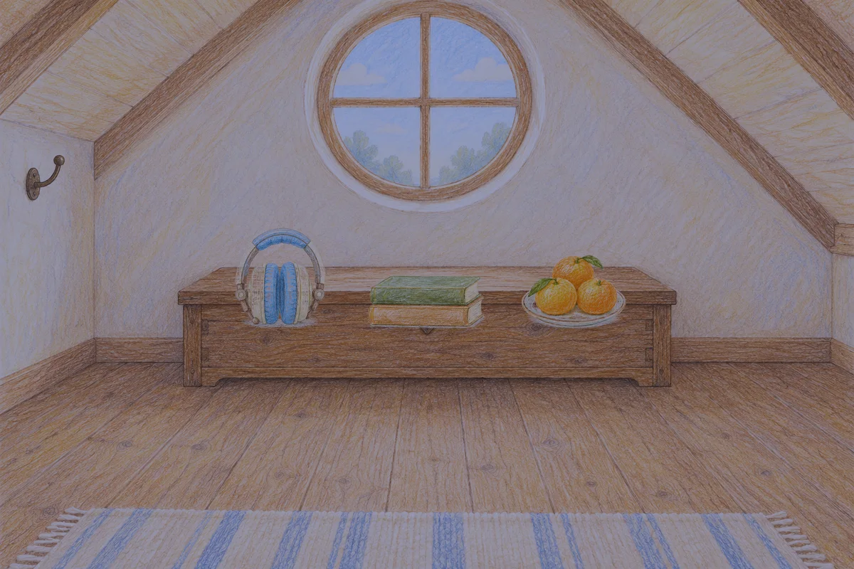 양주 여성전용 피부 관리 안내 그림, 밤의 다락방 나무 궤짝 위에 놓인 헤드폰, 책 두 권, 귤이 담긴 접시