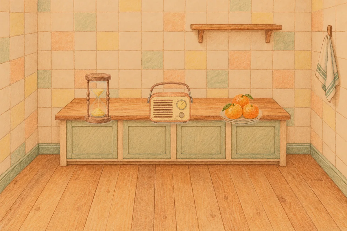 양주 여성전용 가격 마사지 안내 그림, 저녁의 부엌 나무 조리대 위에 놓인 모래시계, 작은 라디오, 귤이 담긴 접시
