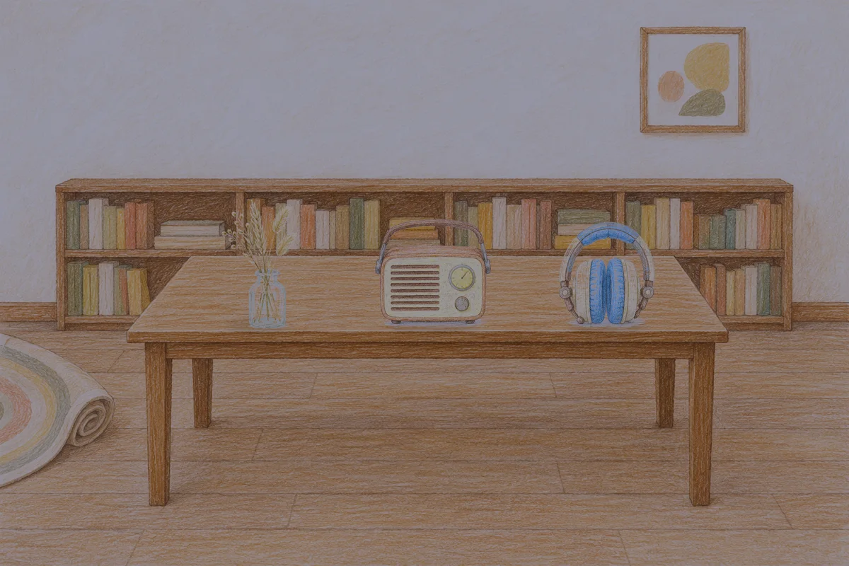 양주 여성전용 추천 마사지 안내 그림, 밤의 서재 긴 책상 위에 놓인 마른 풀을 꽂은 항아리, 작은 라디오, 헤드폰