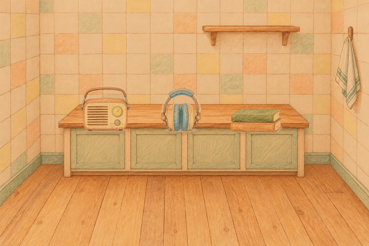 양주 여성전용 출장 마사지 안내 그림, 저녁의 부엌 나무 조리대 위에 놓인 작은 라디오, 헤드폰, 책 두 권