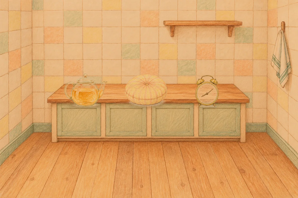 양주 여성전용 출장 마사지 후기 안내 그림, 저녁의 부엌 나무 조리대 위에 놓인 유리 티포트, 둥근 쿠션, 둥근 알람시계