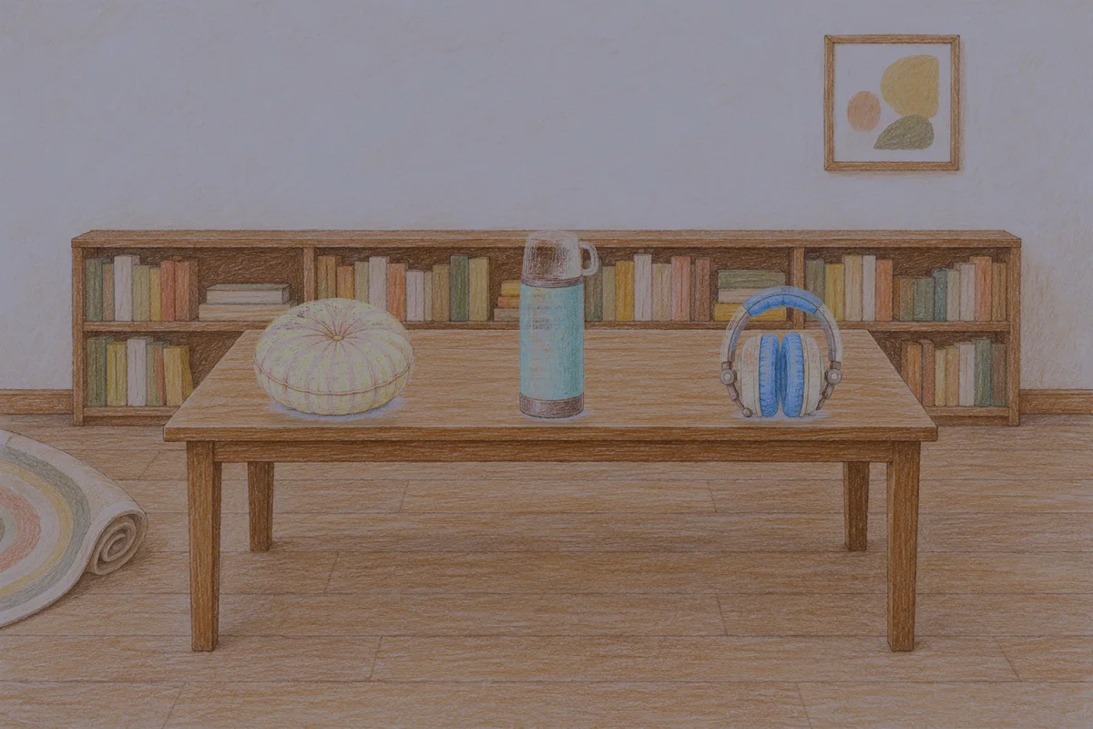 이천 여성전용 아로마 마사지 안내 그림, 밤의 서재 긴 책상 위에 놓인 둥근 쿠션, 보온병, 헤드폰