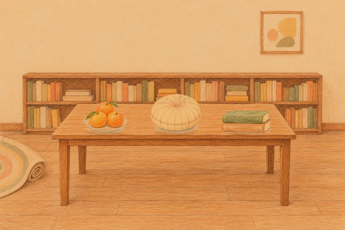 이천 여성전용 아로마테라피 안내 그림, 저녁의 서재 긴 책상 위에 놓인 귤이 담긴 접시, 둥근 쿠션, 책 두 권