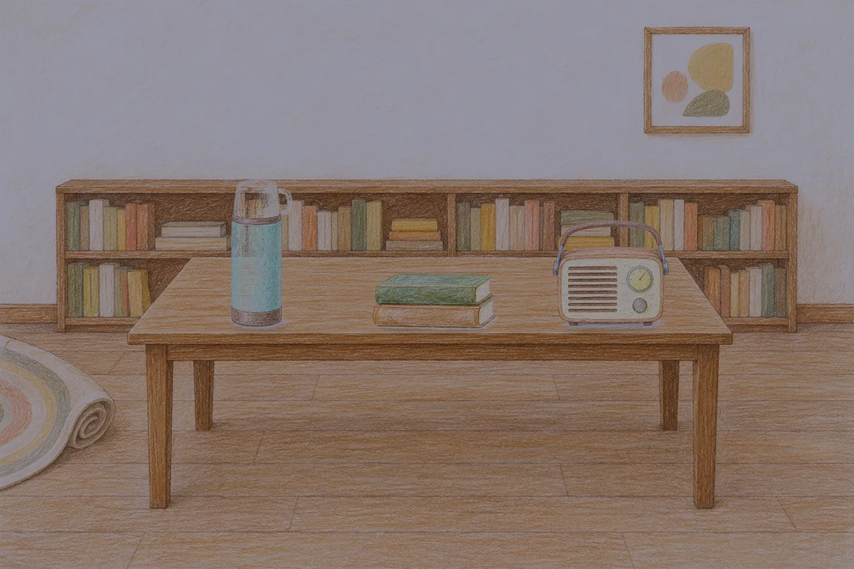 이천 여성전용 스웨디시 후기 안내 그림, 밤의 서재 긴 책상 위에 놓인 보온병, 책 두 권, 작은 라디오