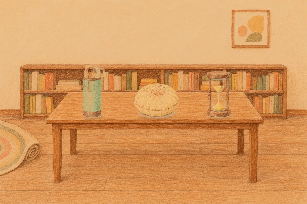 이천 여성전용 아로마 마사지 후기 안내 그림, 저녁의 서재 긴 책상 위에 놓인 보온병, 둥근 쿠션, 모래시계