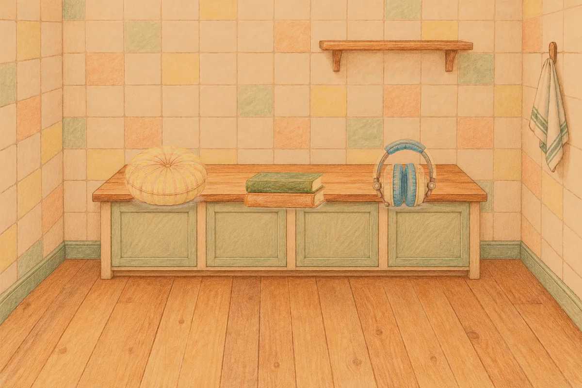 이천 여성전용 아로마 가격 안내 그림, 저녁의 부엌 나무 조리대 위에 놓인 둥근 쿠션, 책 두 권, 헤드폰