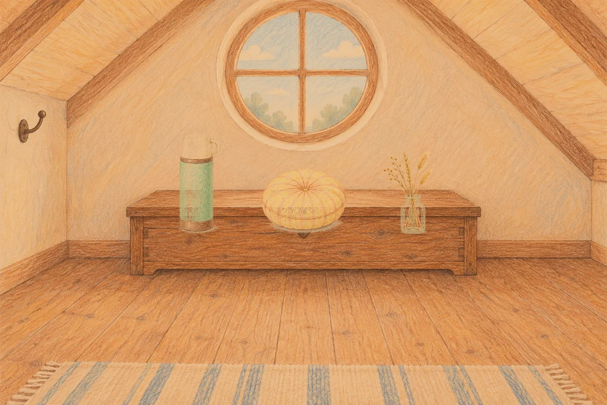 이천 여성전용 스웨디시 추천 안내 그림, 저녁의 다락방 나무 궤짝 위에 놓인 보온병, 둥근 쿠션, 마른 풀을 꽂은 항아리