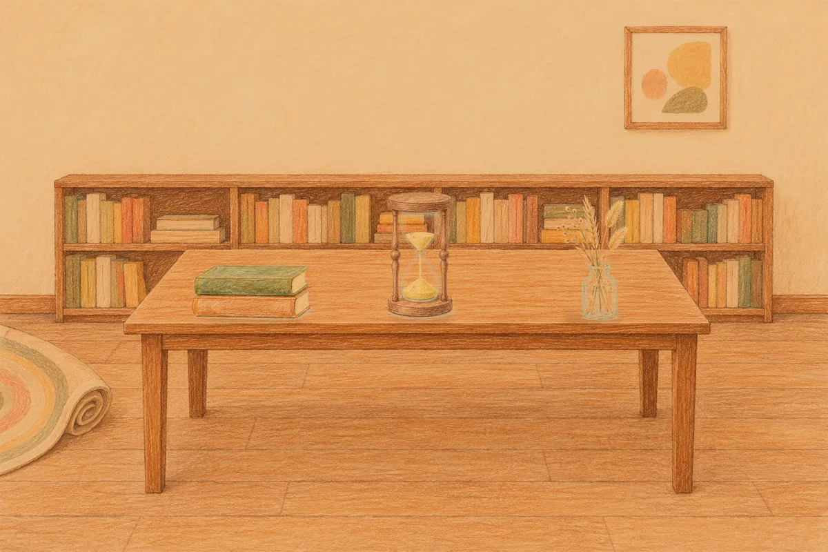 이천 여성전용 아로마 추천 안내 그림, 저녁의 서재 긴 책상 위에 놓인 책 두 권, 모래시계, 마른 풀을 꽂은 항아리