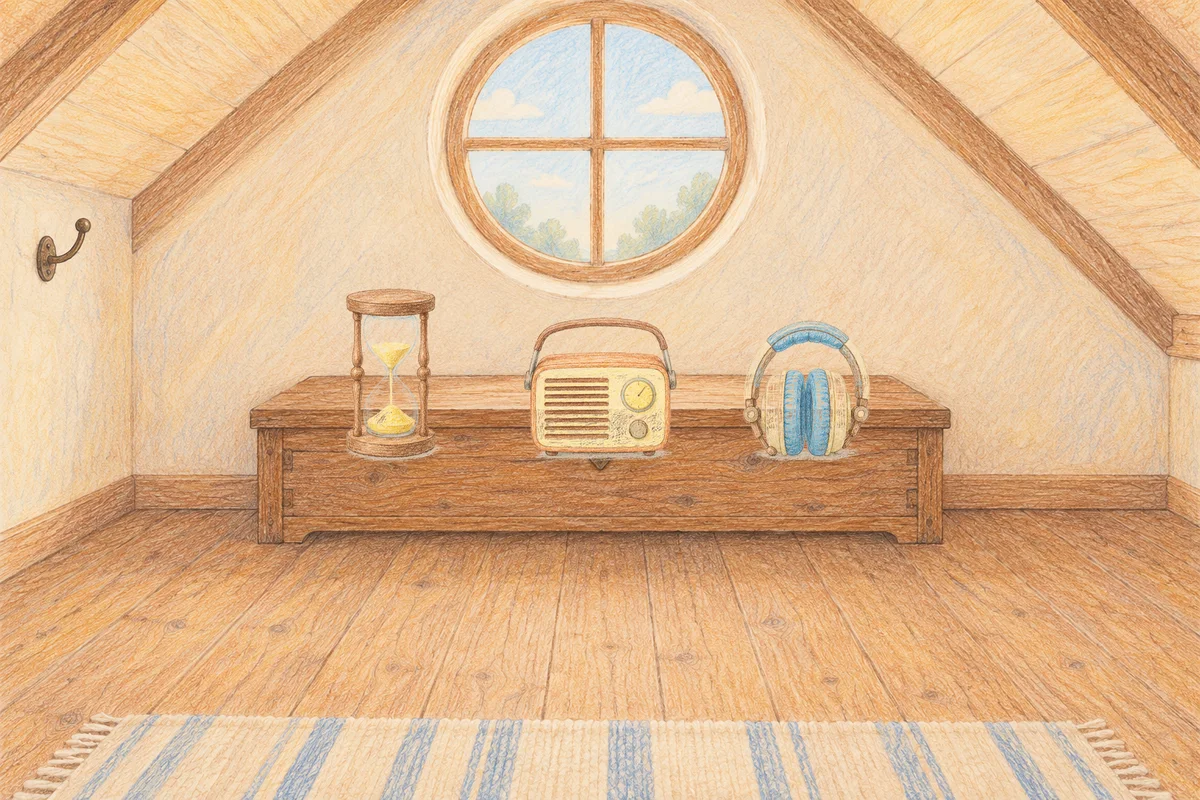이천 여성전용 경락마사지 안내 그림, 낮의 다락방 나무 궤짝 위에 놓인 모래시계, 작은 라디오, 헤드폰