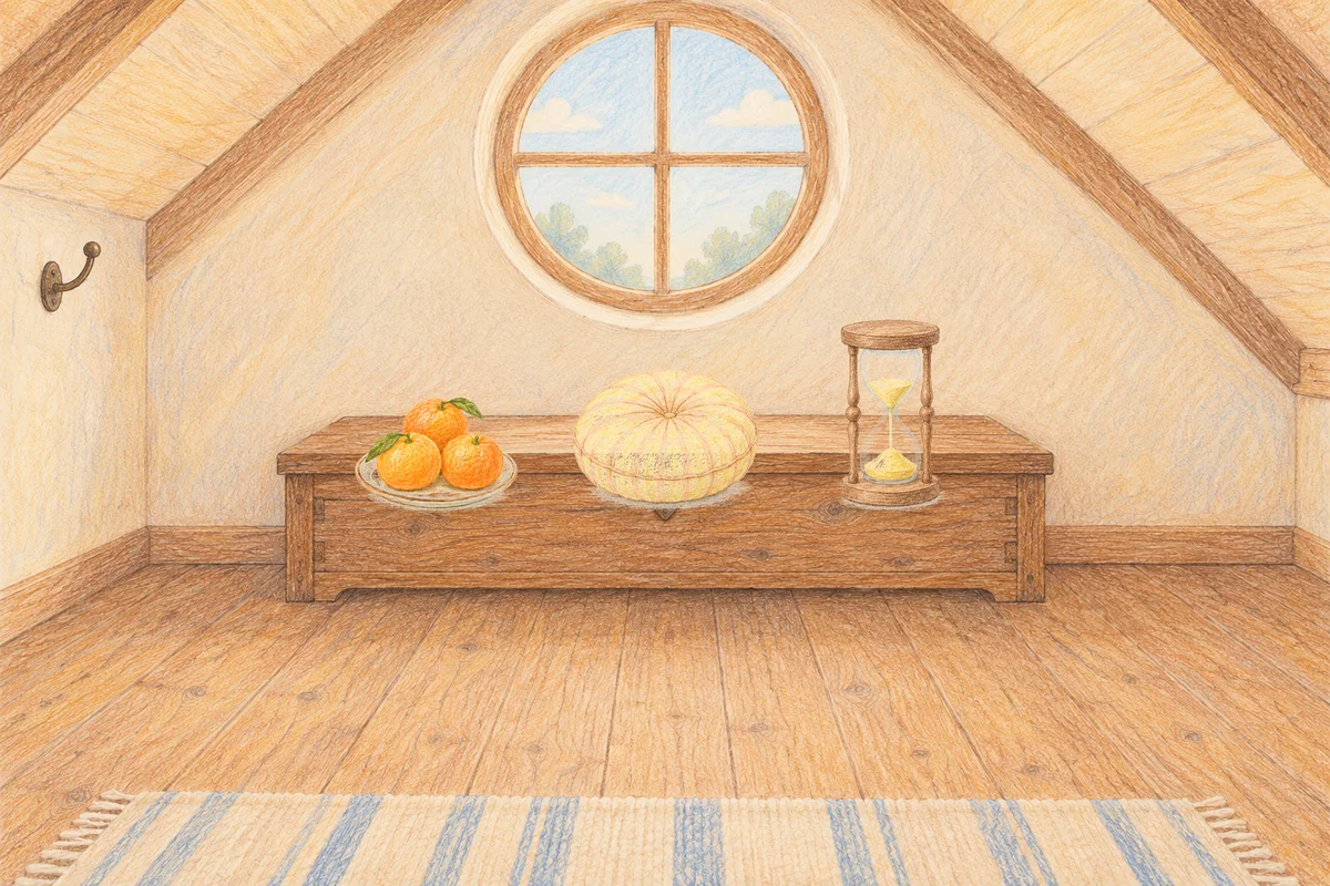 이천 여성전용 경락 마사지 안내 그림, 낮의 다락방 나무 궤짝 위에 놓인 귤이 담긴 접시, 둥근 쿠션, 모래시계