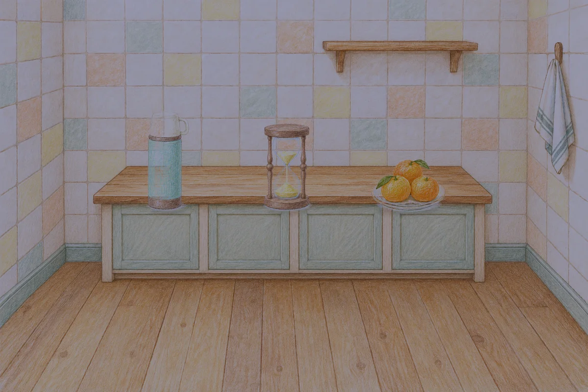 이천 여성전용 경락 추천 안내 그림, 밤의 부엌 나무 조리대 위에 놓인 보온병, 모래시계, 귤이 담긴 접시