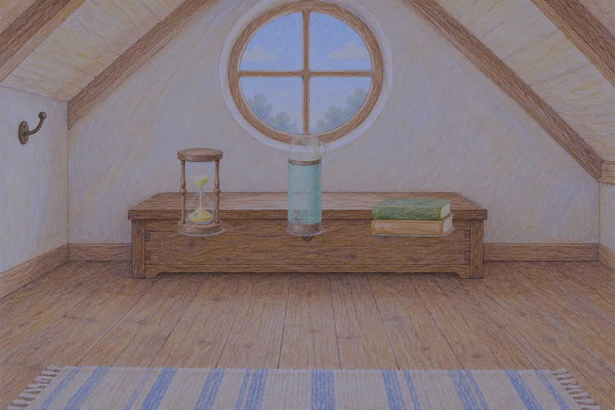 이천 여성전용 방문 마사지 안내 그림, 밤의 다락방 나무 궤짝 위에 놓인 모래시계, 보온병, 책 두 권