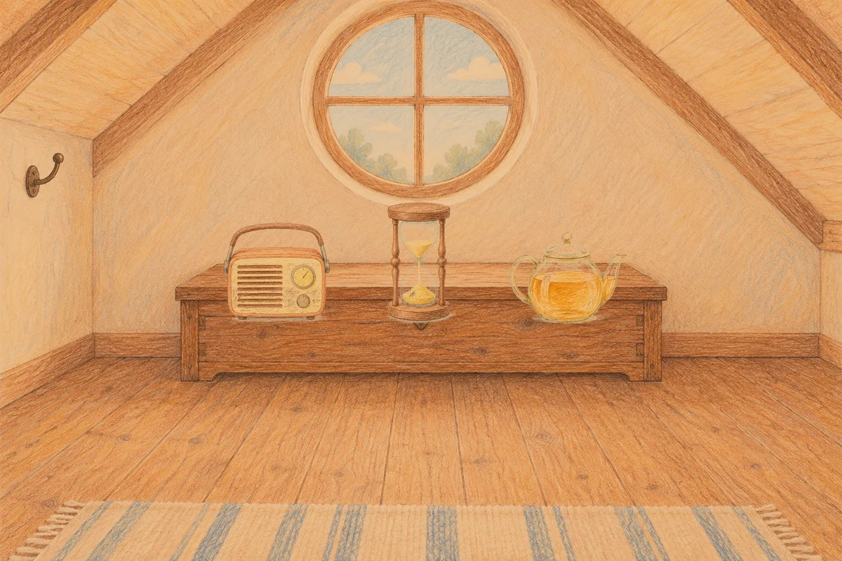 이천 여성전용 방문 홈케어 안내 그림, 저녁의 다락방 나무 궤짝 위에 놓인 작은 라디오, 모래시계, 유리 티포트