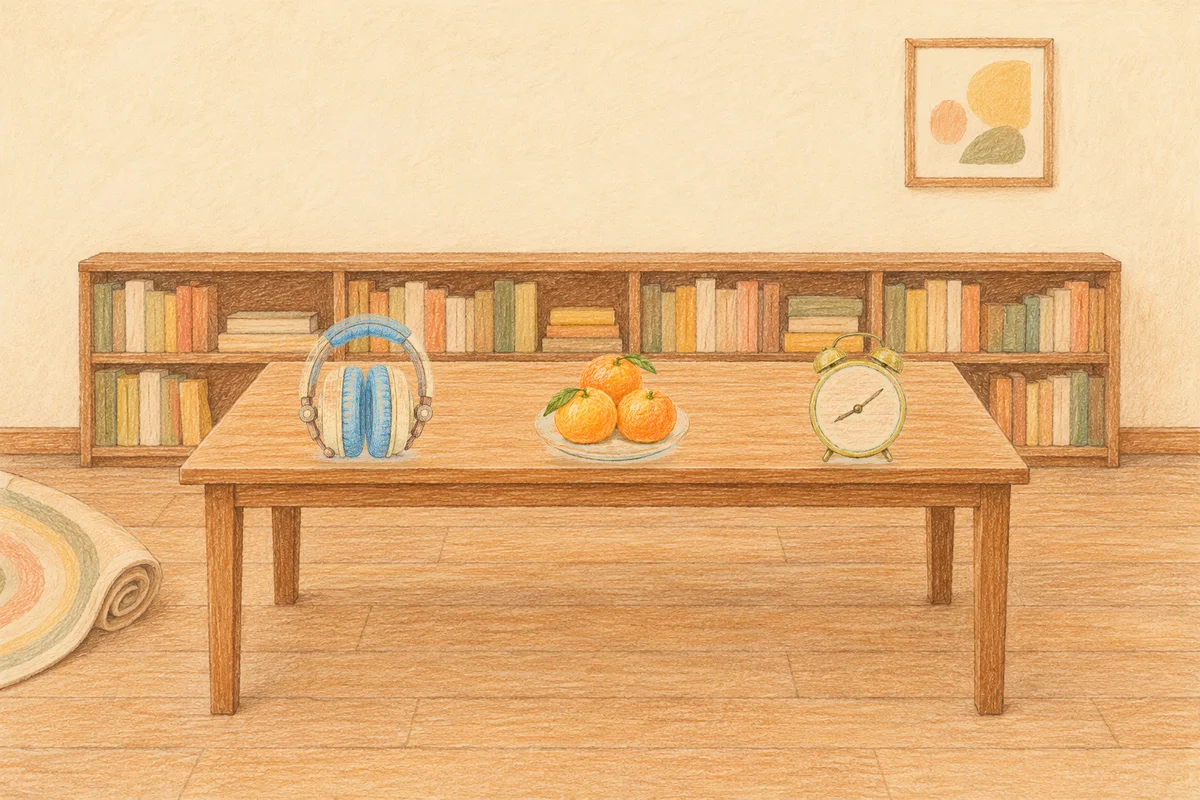 이천 여성전용 1인샵 안내 그림, 낮의 서재 긴 책상 위에 놓인 헤드폰, 귤이 담긴 접시, 둥근 알람시계