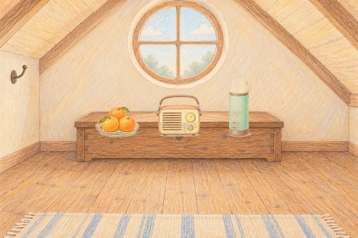 이천 여성전용 홈케어 추천 안내 그림, 낮의 다락방 나무 궤짝 위에 놓인 귤이 담긴 접시, 작은 라디오, 보온병