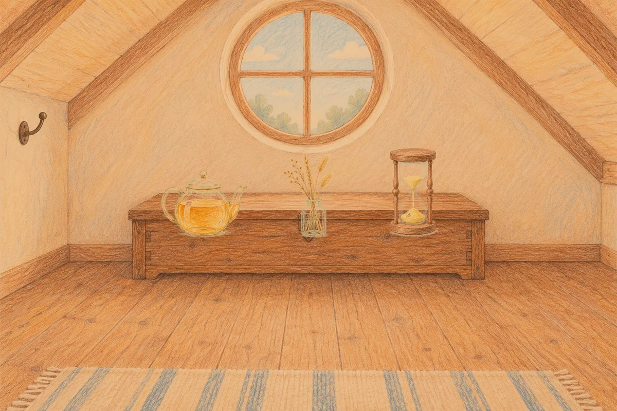 이천 여성전용 발마사지 안내 그림, 저녁의 다락방 나무 궤짝 위에 놓인 유리 티포트, 마른 풀을 꽂은 항아리, 모래시계