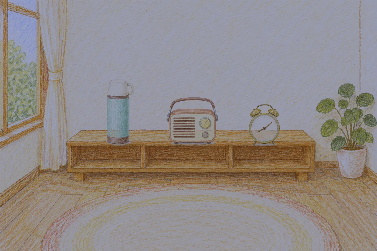 이천 여성전용 발 케어 안내 그림, 밤의 창가 낮은 선반 위에 놓인 보온병, 작은 라디오, 둥근 알람시계