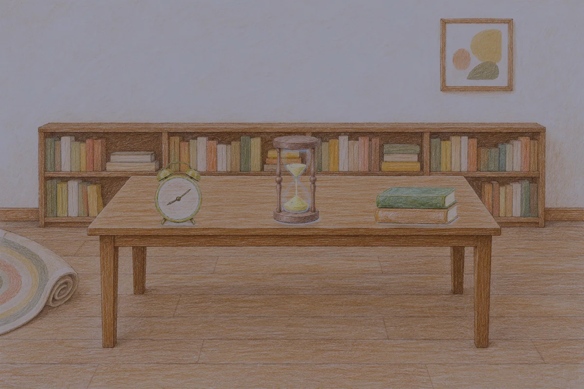 이천 여성전용 발관리 후기 안내 그림, 밤의 서재 긴 책상 위에 놓인 둥근 알람시계, 모래시계, 책 두 권