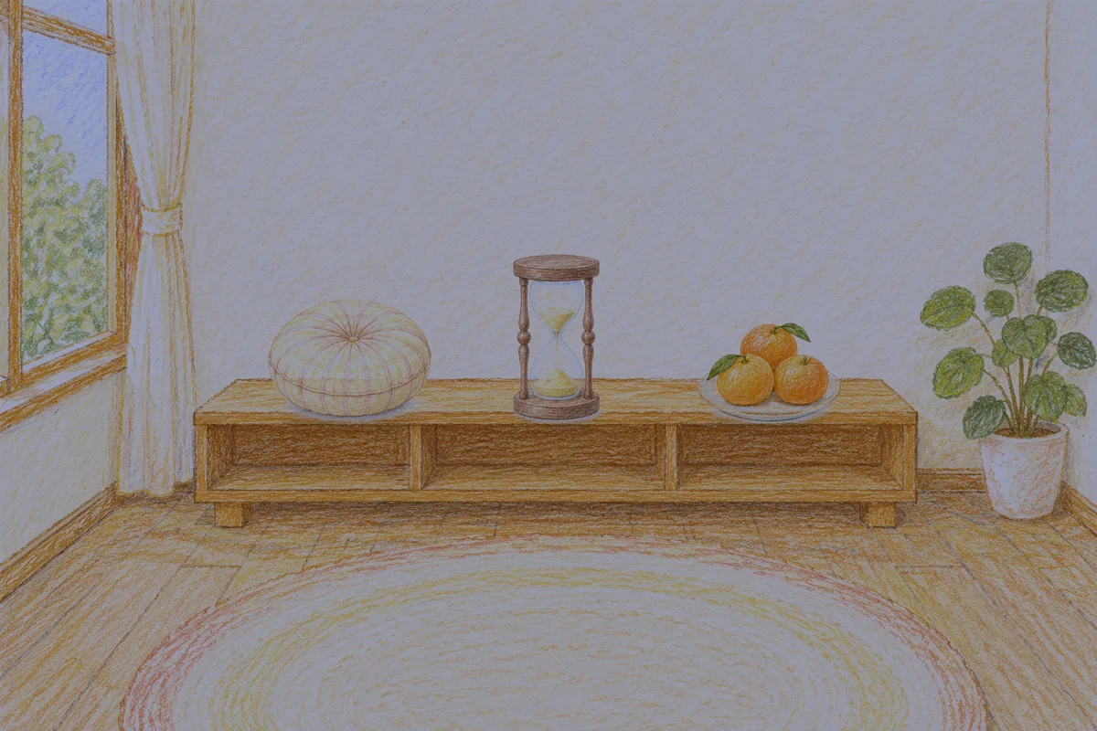 이천 여성전용 발관리 추천 안내 그림, 밤의 창가 낮은 선반 위에 놓인 둥근 쿠션, 모래시계, 귤이 담긴 접시