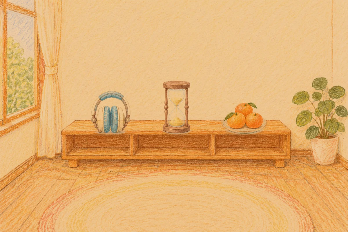 이천 여성전용 림프 마사지 안내 그림, 저녁의 창가 낮은 선반 위에 놓인 헤드폰, 모래시계, 귤이 담긴 접시
