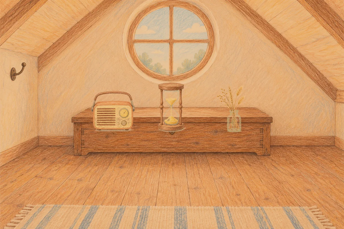 이천 여성전용 부종 케어 안내 그림, 저녁의 다락방 나무 궤짝 위에 놓인 작은 라디오, 모래시계, 마른 풀을 꽂은 항아리