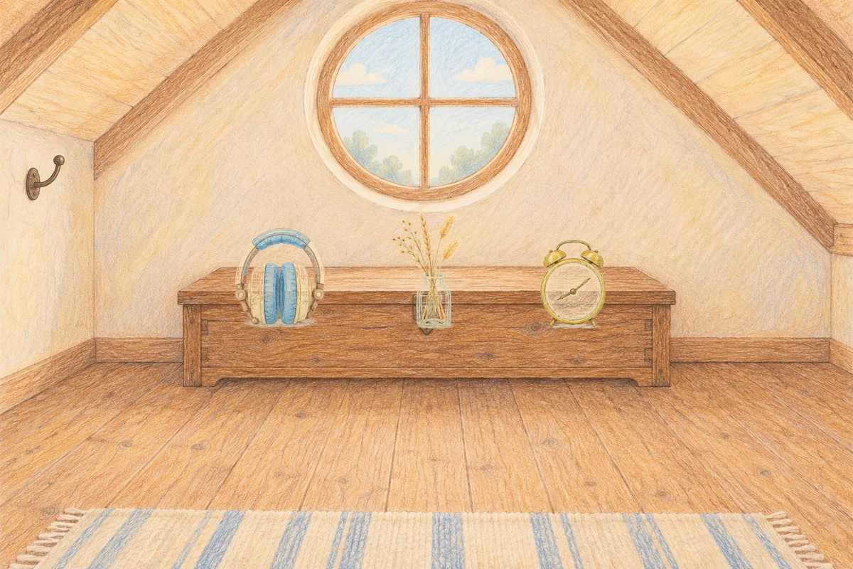 이천 여성전용 셀룰라이트 관리 안내 그림, 낮의 다락방 나무 궤짝 위에 놓인 헤드폰, 마른 풀을 꽂은 항아리, 둥근 알람시계