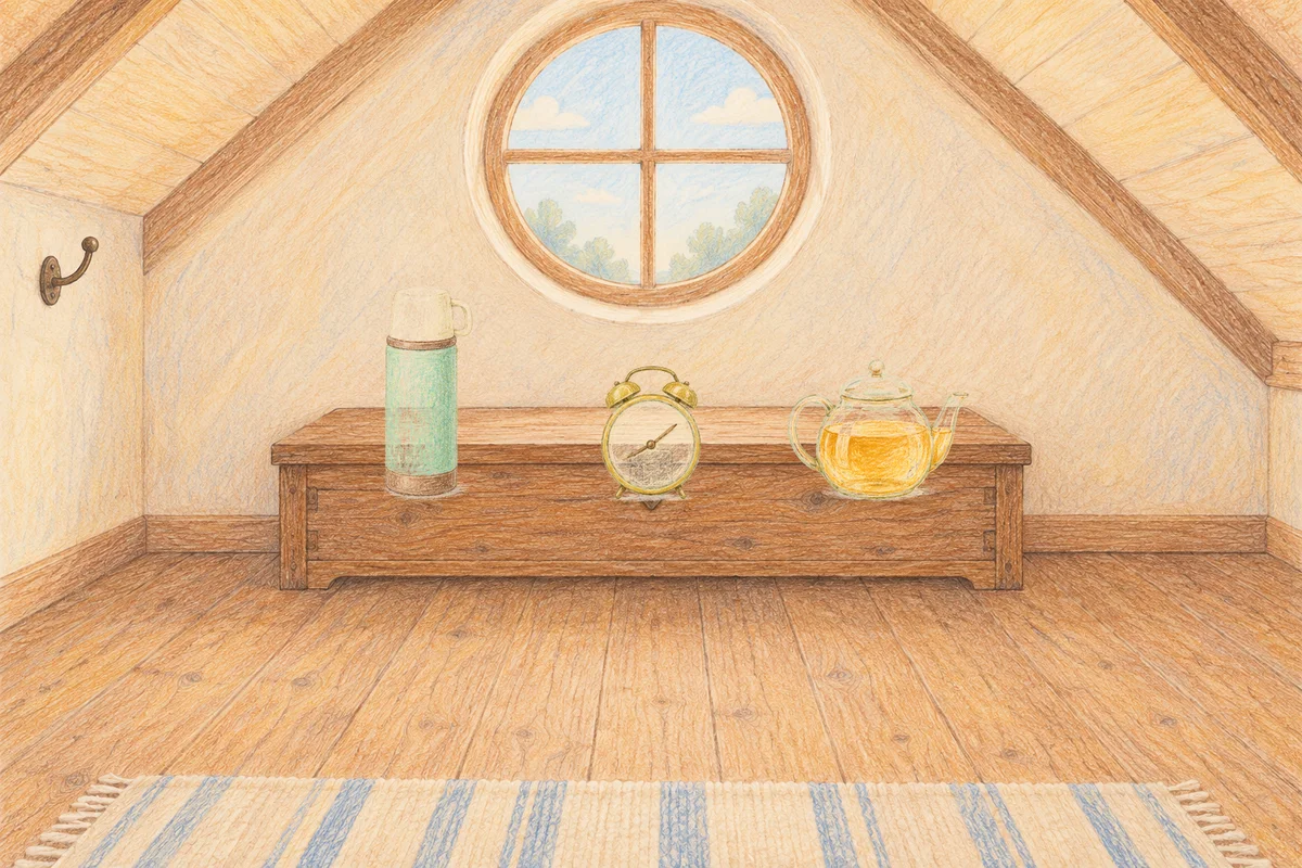 이천 여성전용 슬리밍 마사지 안내 그림, 낮의 다락방 나무 궤짝 위에 놓인 보온병, 둥근 알람시계, 유리 티포트