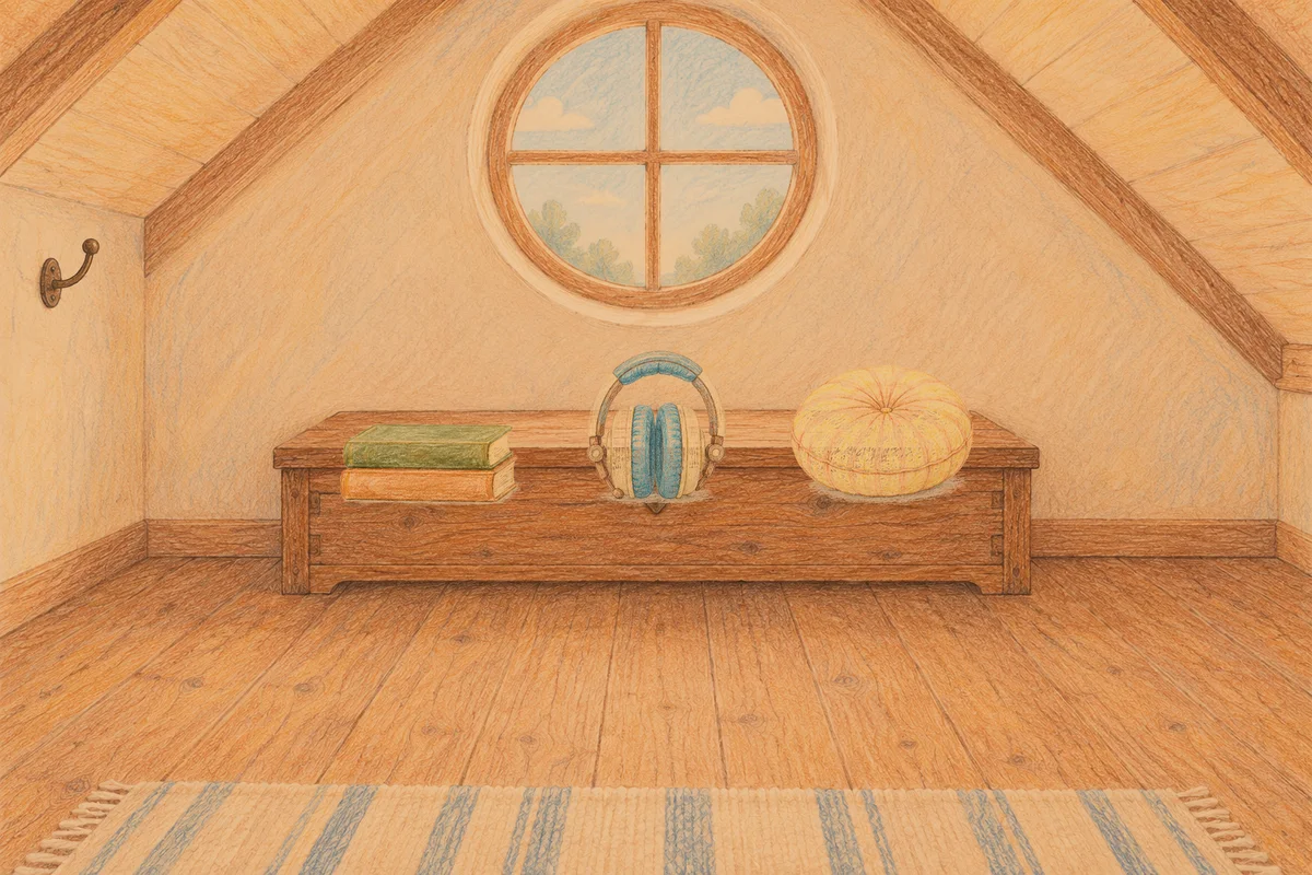 이천 여성전용 디톡스 마사지 안내 그림, 저녁의 다락방 나무 궤짝 위에 놓인 책 두 권, 헤드폰, 둥근 쿠션