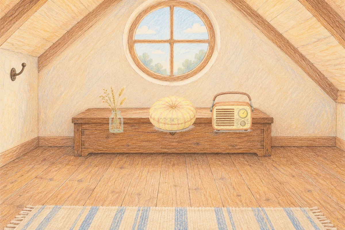 이천 여성전용 다이어트 마사지 안내 그림, 낮의 다락방 나무 궤짝 위에 놓인 마른 풀을 꽂은 항아리, 둥근 쿠션, 작은 라디오