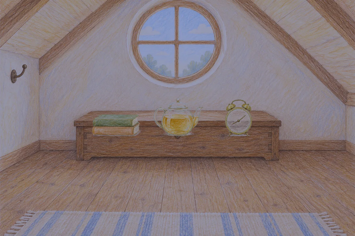 이천 여성전용 복부 마사지 안내 그림, 밤의 다락방 나무 궤짝 위에 놓인 책 두 권, 유리 티포트, 둥근 알람시계