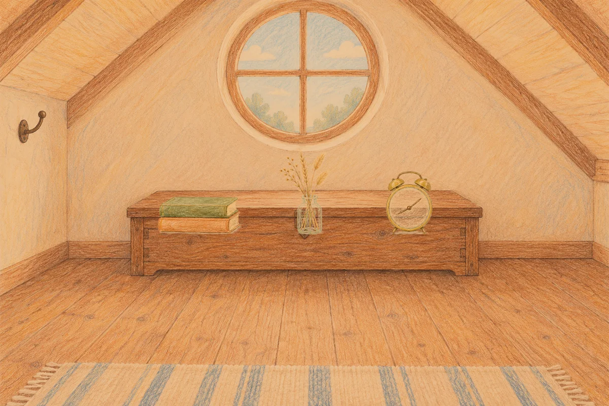 이천 여성전용 종아리 케어 안내 그림, 저녁의 다락방 나무 궤짝 위에 놓인 책 두 권, 마른 풀을 꽂은 항아리, 둥근 알람시계