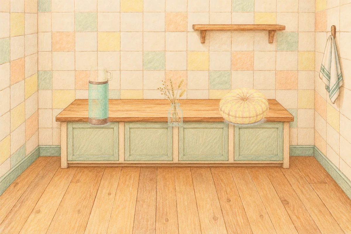 이천 여성전용 등 마사지 안내 그림, 낮의 부엌 나무 조리대 위에 놓인 보온병, 마른 풀을 꽂은 항아리, 둥근 쿠션