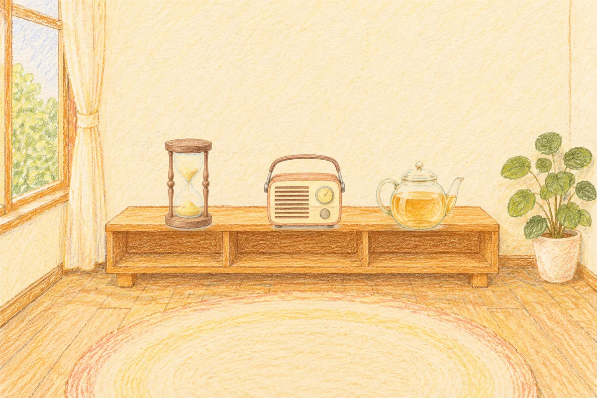 이천 여성전용 두피 마사지 안내 그림, 낮의 창가 낮은 선반 위에 놓인 모래시계, 작은 라디오, 유리 티포트
