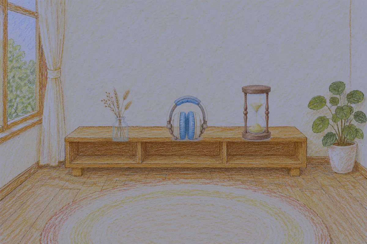 이천 여성전용 두피 케어 안내 그림, 밤의 창가 낮은 선반 위에 놓인 마른 풀을 꽂은 항아리, 헤드폰, 모래시계