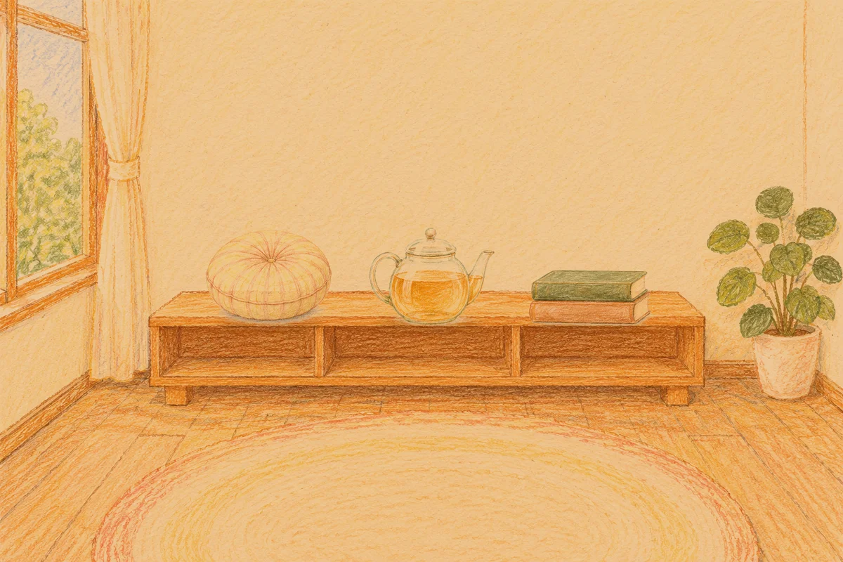 이천 여성전용 어깨 마사지 안내 그림, 저녁의 창가 낮은 선반 위에 놓인 둥근 쿠션, 유리 티포트, 책 두 권