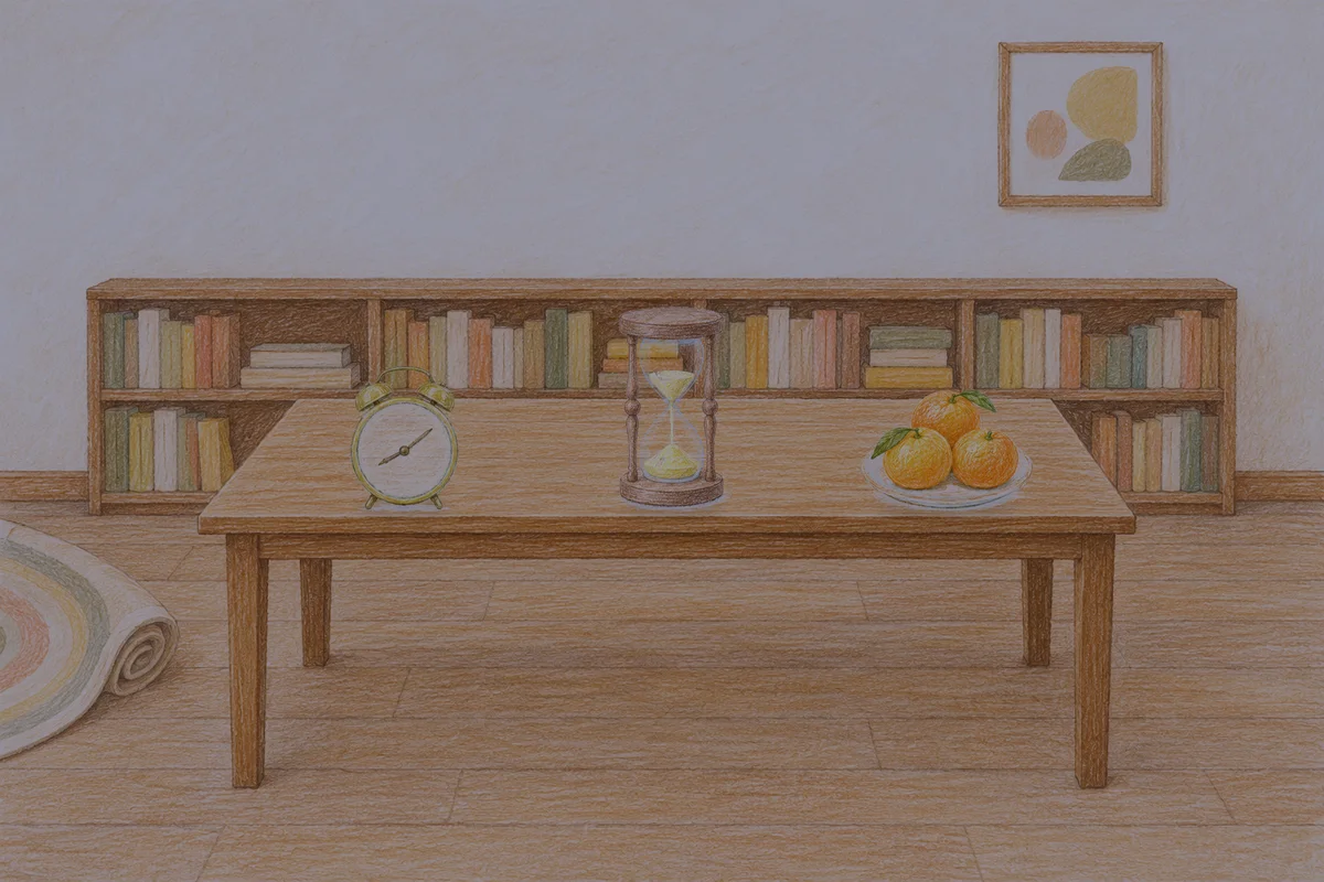 이천 여성전용 수면 케어 안내 그림, 밤의 서재 긴 책상 위에 놓인 둥근 알람시계, 모래시계, 귤이 담긴 접시