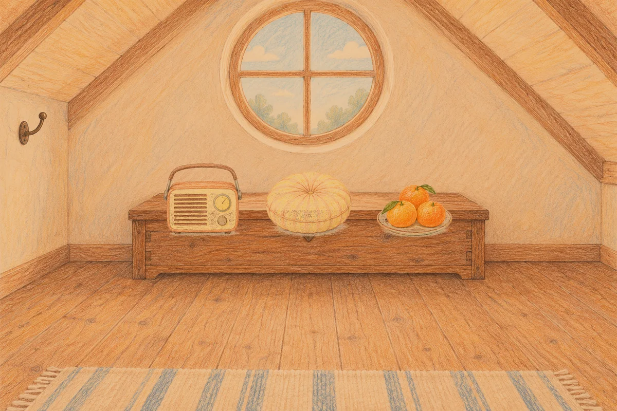이천 여성전용 페이셜 마사지 안내 그림, 저녁의 다락방 나무 궤짝 위에 놓인 작은 라디오, 둥근 쿠션, 귤이 담긴 접시