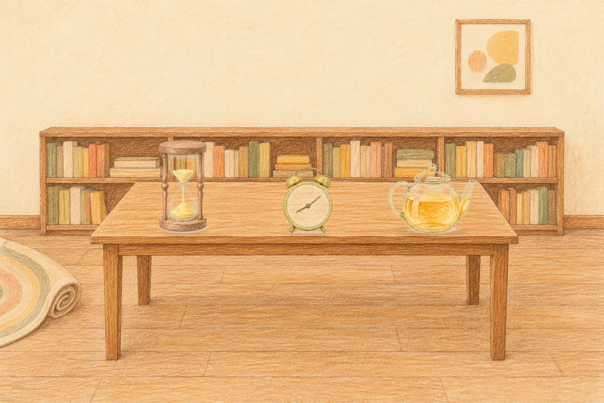 이천 여성전용 림프 페이셜 안내 그림, 낮의 서재 긴 책상 위에 놓인 모래시계, 둥근 알람시계, 유리 티포트
