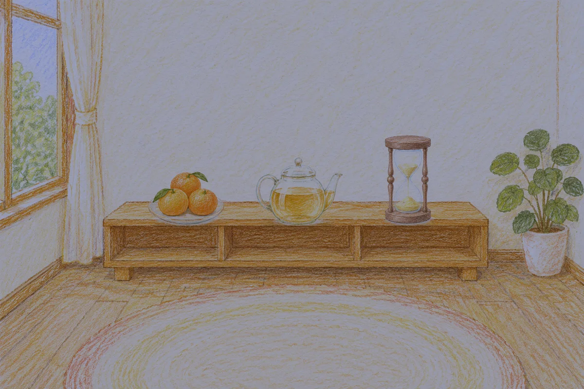 이천 여성전용 브라이덜 케어 안내 그림, 밤의 창가 낮은 선반 위에 놓인 귤이 담긴 접시, 유리 티포트, 모래시계
