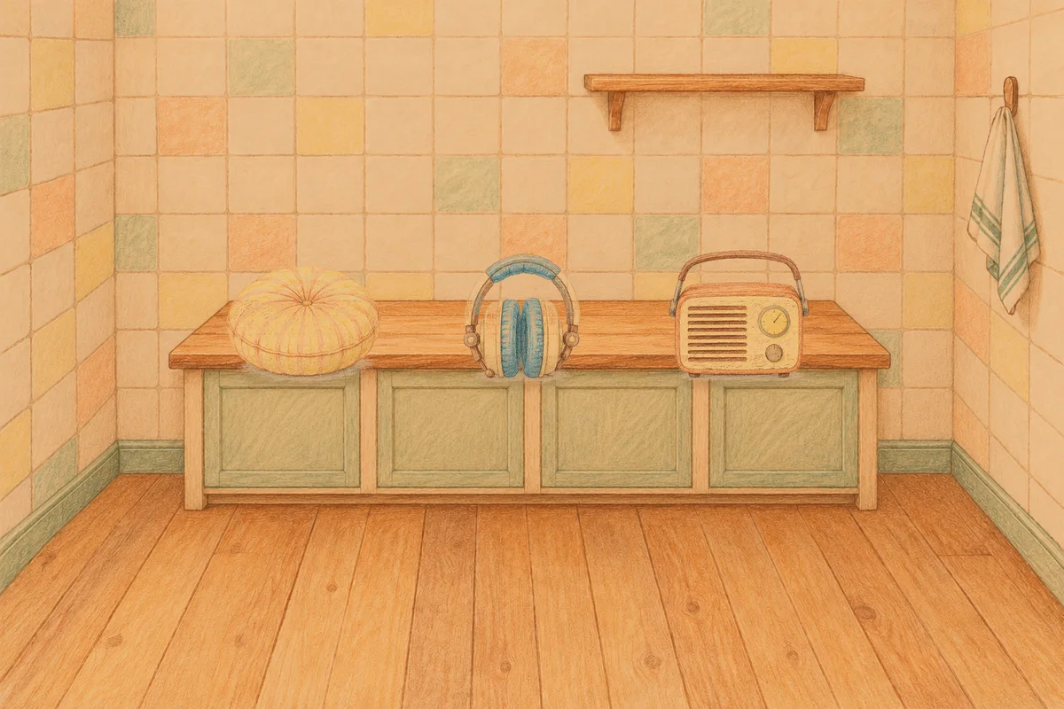 이천 여성전용 피부 관리 안내 그림, 저녁의 부엌 나무 조리대 위에 놓인 둥근 쿠션, 헤드폰, 작은 라디오
