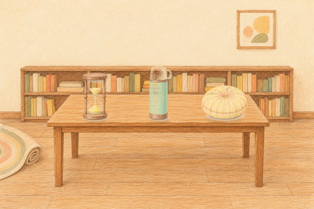 이천 여성전용 샵 마사지 안내 그림, 낮의 서재 긴 책상 위에 놓인 모래시계, 보온병, 둥근 쿠션