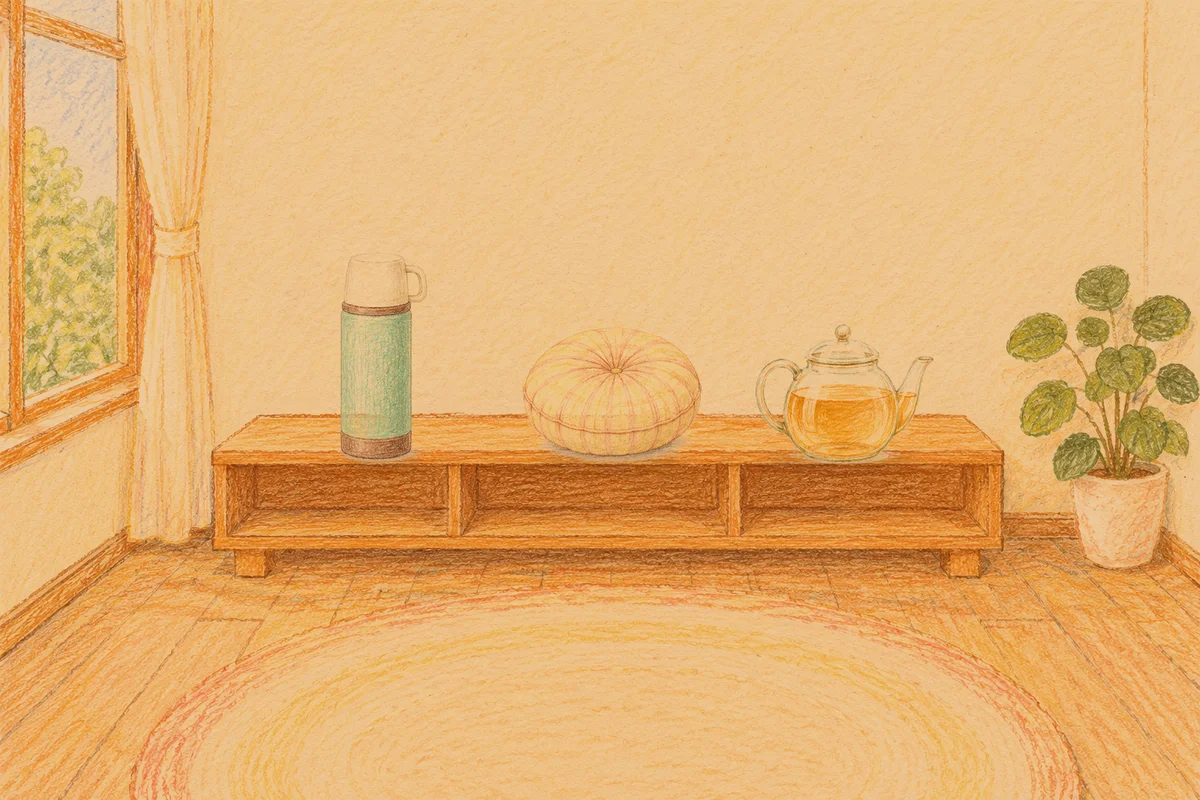 이천 여성전용 가격 마사지 안내 그림, 저녁의 창가 낮은 선반 위에 놓인 보온병, 둥근 쿠션, 유리 티포트