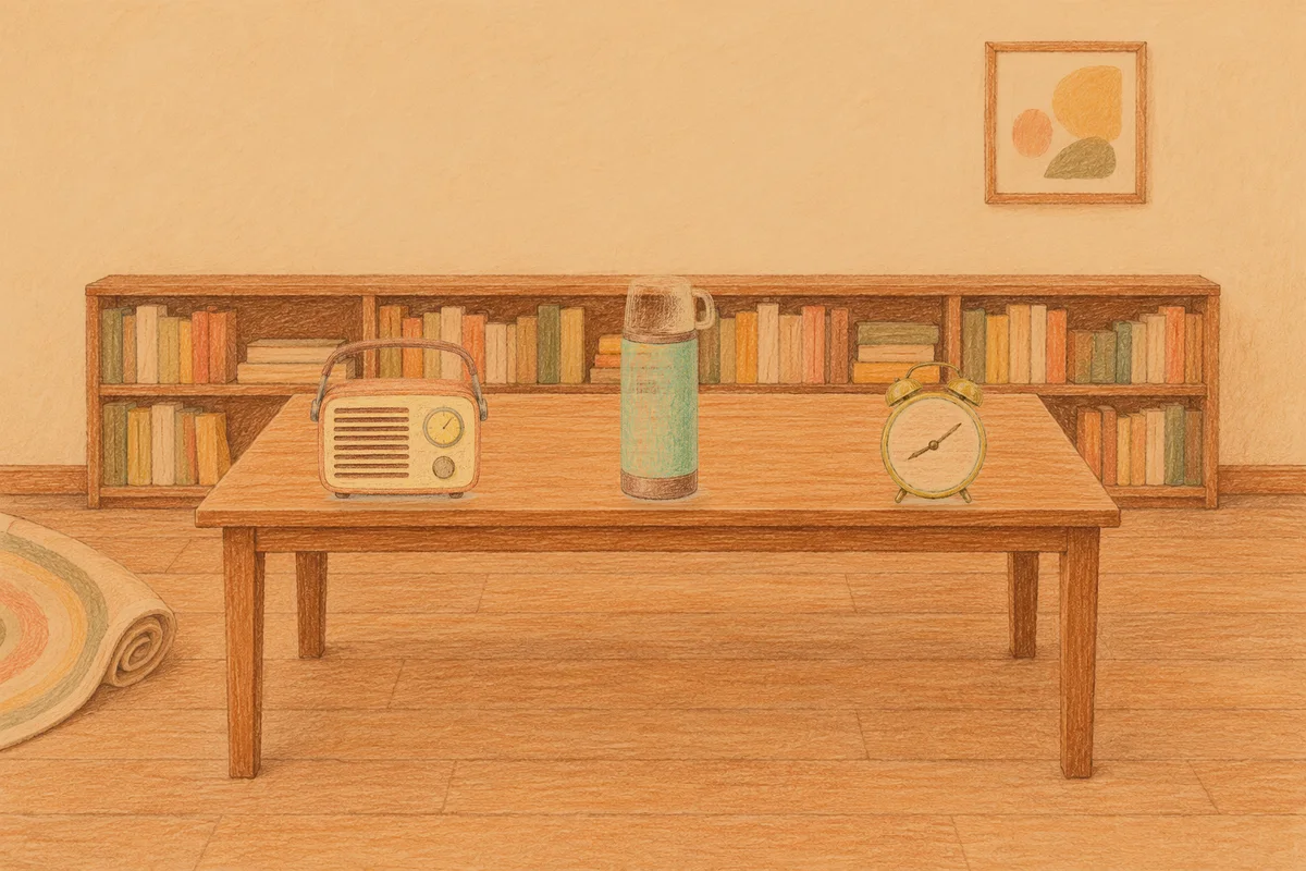 이천 여성전용 출장 마사지 안내 그림, 저녁의 서재 긴 책상 위에 놓인 작은 라디오, 보온병, 둥근 알람시계