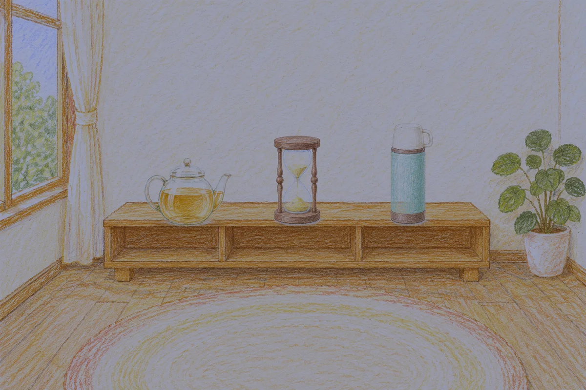 구리 여성전용 스웨디시 홈케어 안내 그림, 밤의 창가 낮은 선반 위에 놓인 유리 티포트, 모래시계, 보온병