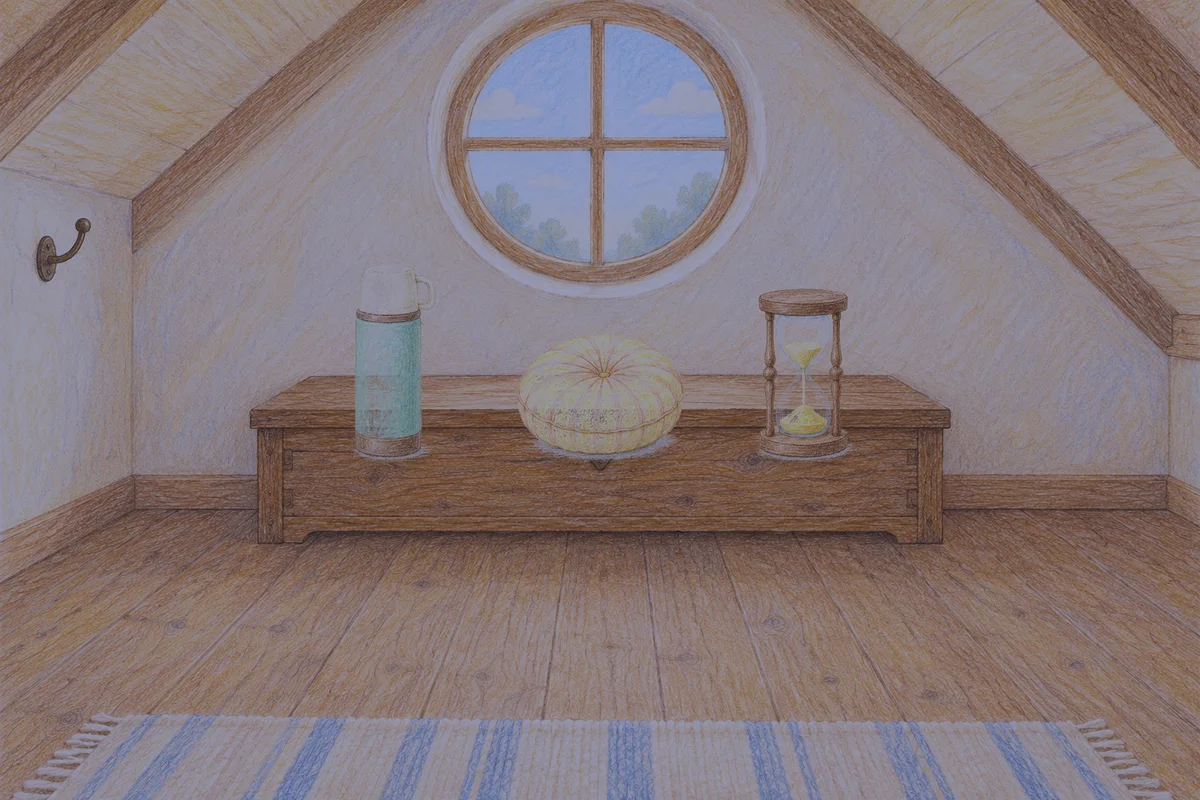 구리 여성전용 얼굴 경락 안내 그림, 밤의 다락방 나무 궤짝 위에 놓인 보온병, 둥근 쿠션, 모래시계
