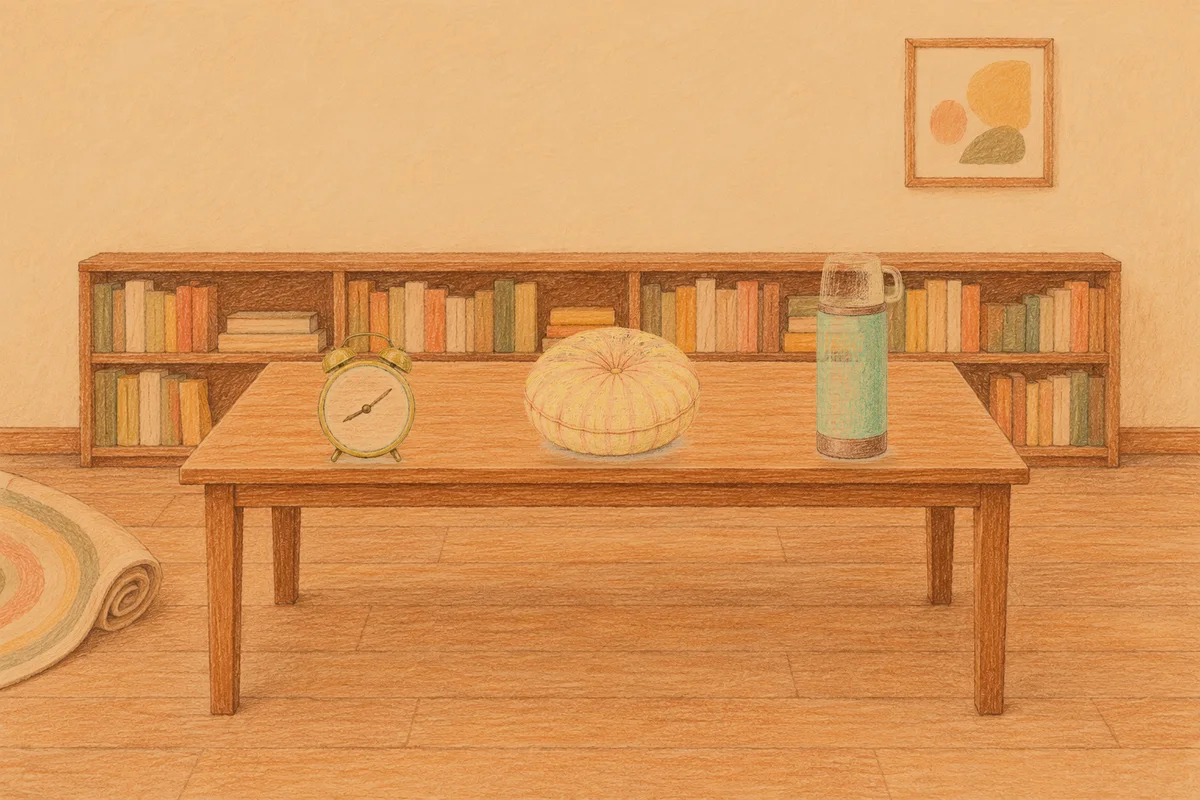 구리 여성전용 바디 경락 안내 그림, 저녁의 서재 긴 책상 위에 놓인 둥근 알람시계, 둥근 쿠션, 보온병