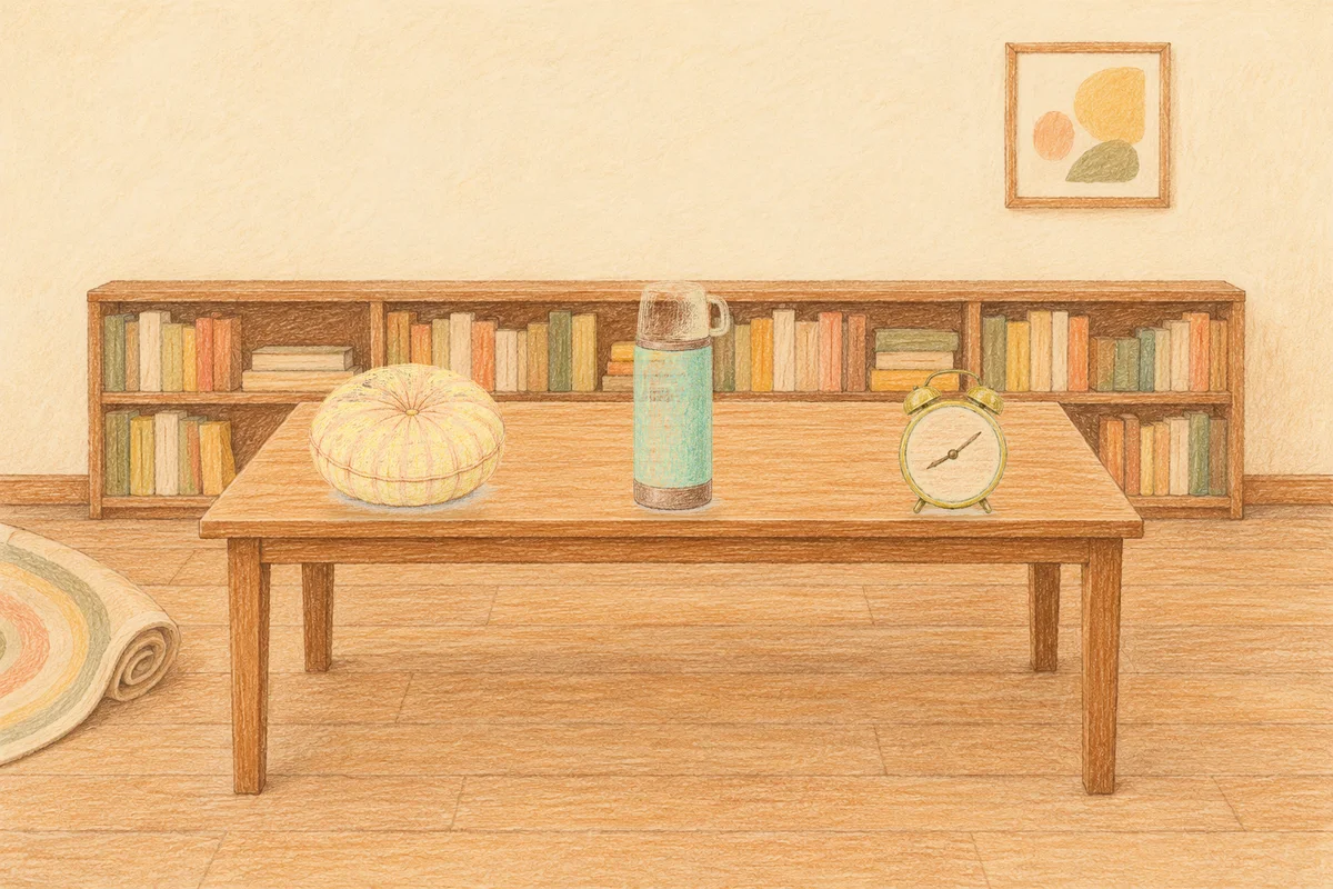 구리 여성전용 경락 가격 안내 그림, 낮의 서재 긴 책상 위에 놓인 둥근 쿠션, 보온병, 둥근 알람시계